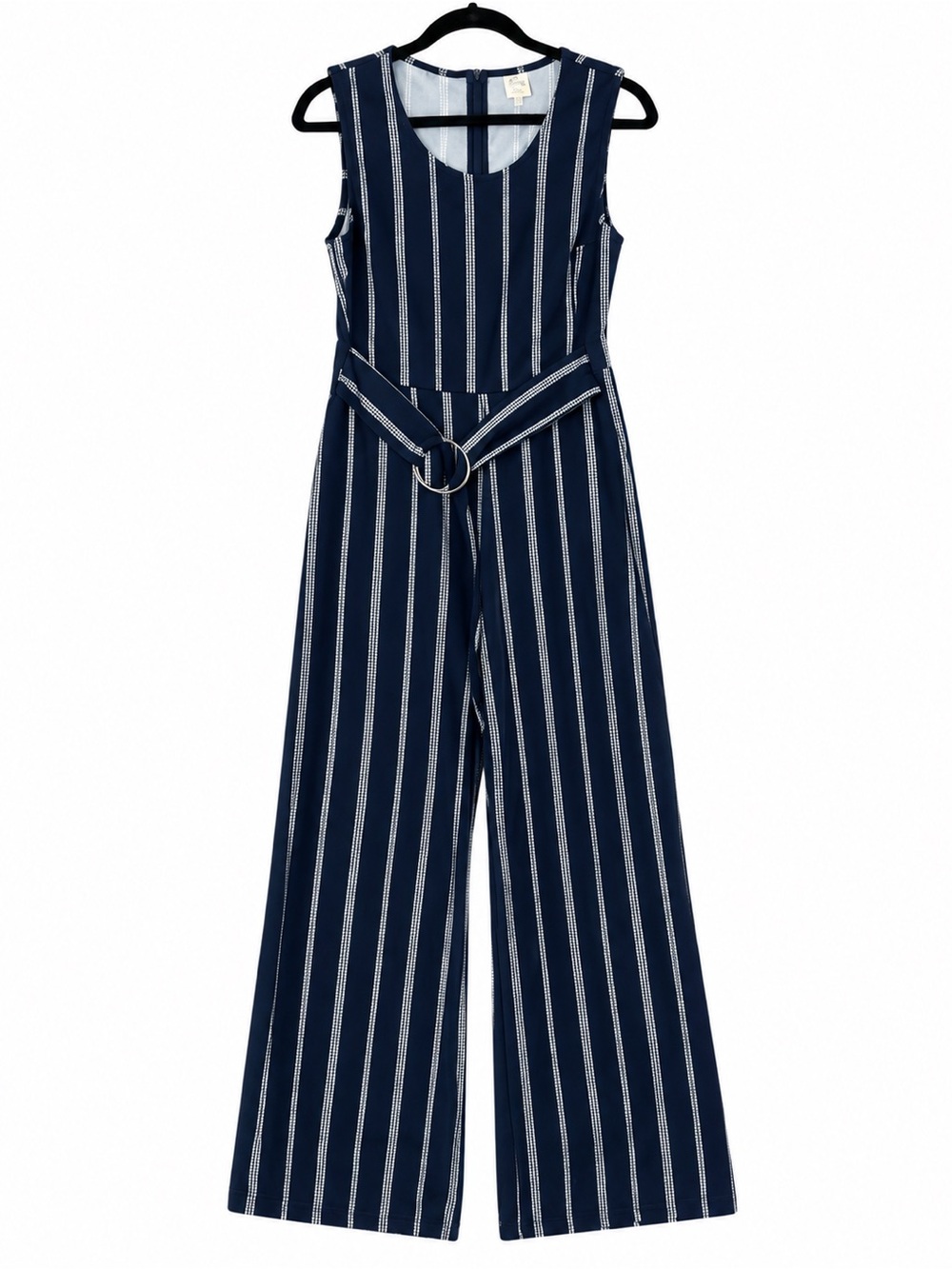 Sleeveless Navy & White Vertical-Stripe Wide-Leg Jumpsuit with Belt